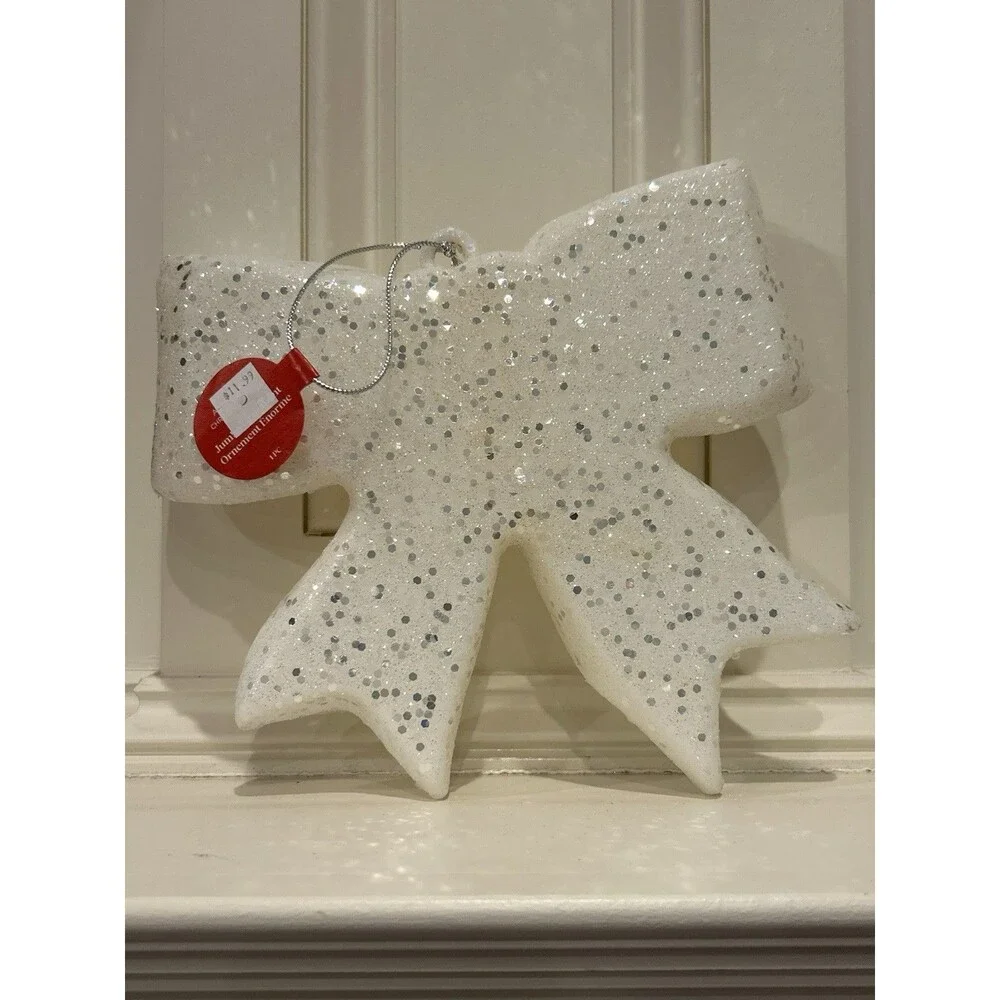 Ashland Christmas Jumbo Bow Ornament White Glitter Decorative 8”x 8